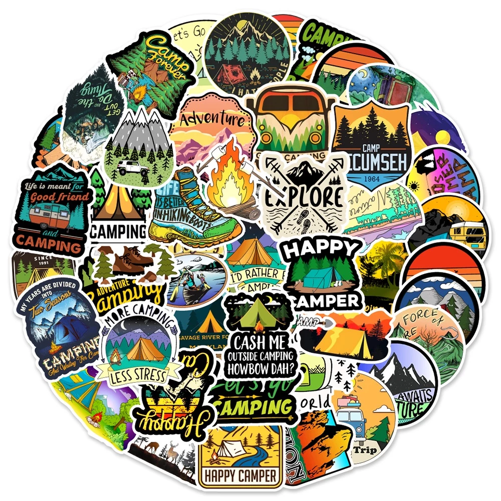 พร้อมส่ง!Camping outdoor travel การตั้งแคมป์ adventure สติกเกอร์ ตกปลา สเก็ตบอร์ด 50 ชิ้น sticker