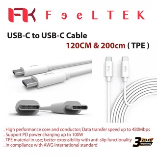 Feeltek Premiums USB-C To USB-C Cable 120Cm (สายชาร์จยูเอสบีซี) USB-C TO USB-A CABLE 120CM (BLACK) (รับประกันศูนย์ไทย 3 ปี)