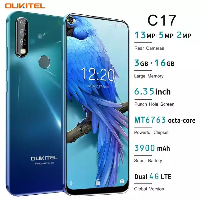 OUKITEL C17 4G กันน้ำ สมาร์ทโฟน จอ 6.35นิ้ว 3GB แรม 16GB รอม แบตอึด3900mAh แอมป์ Android 9.0 Octa Core Face ID