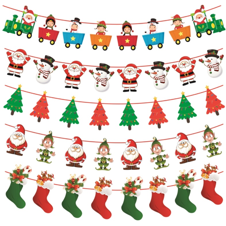 ธงราวคริสมาส ป้ายคริสมาส ซานตาครอส เรนเดียร์ สโนว์แมน Merry Christmas Rail Paper Fabric Flag Decorat
