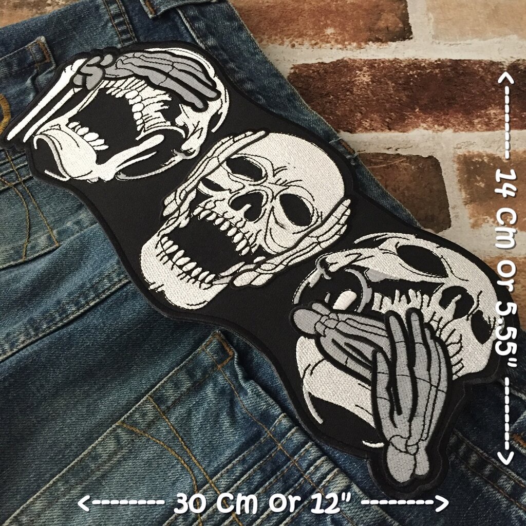 กะโหลก3หัว ตัวรีดติดเสื้อ อาร์มรีด อาร์มปัก ตกแต่งเสื้อผ้า แจ๊คเก็ตยีนส์ Embroidered Iron on Patch ขนาดใหญ่