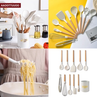 White Silicone Kitchenware Cooking Tool Utensils Set With Wooden Multifunction Handle Non-Stick Spatula Ladle Beaters