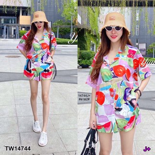 TW14744  Set 2 ชิ้น เสื้อเชิ้ตแขนสั้น กระดุมหน้า มาพร้อมกางเองเอวยางยืดสม็อคหลัง กางเกงมีซับใน เนื้อผ้าไหมเกาหลี