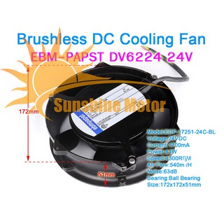 (สต๊อกในไทย) เก่าบิวต์ใหม่ สภาพสวย Brushless DC Cooling Fan Ebm Papst DV6224 DC24V 1.7A 172x172x51mm พัดลมระบายความร้อน