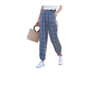 โค้ดส่วนลด 715SMEDDAYใหม่2022 กางเกงขายาวเอวยางยืดแฟชั่นผู้หญิงผ้าดีทรงหลวม ลายสก๊อตมีกระเป๋า2ข้างสไตล์เกาหลี