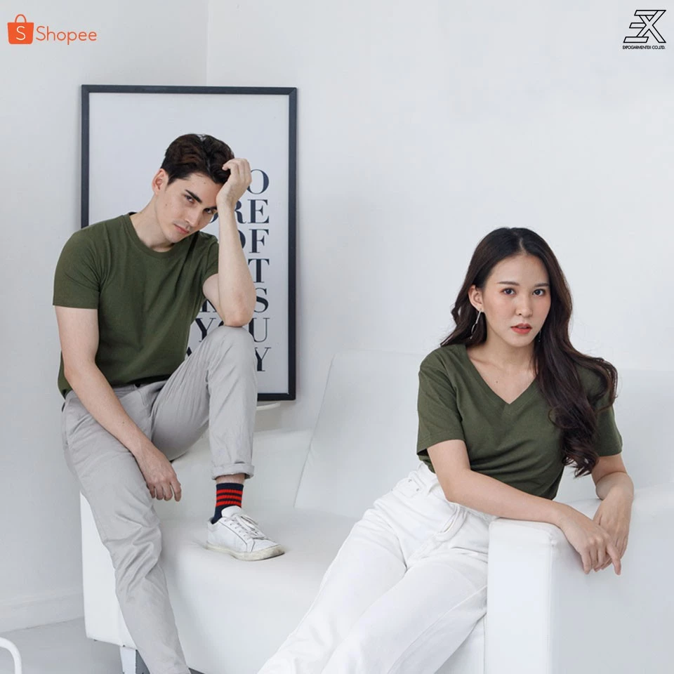 Expogarment เสื้อยืดสีเขียวทหาร คอกลม คอวี คอตตอน100% ไม่มีตะเข็บข้าง ไซส์S-6XL หดเกิน3%ยินดีคืนเงิน