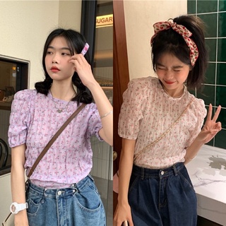 พร้อมส่ง! floral cute crop 🍿🍯 เสื้อเบลาซ์ เสื้อเบลาซ์ลายดอกไม้ เสื้อท็อปแขนสั้น