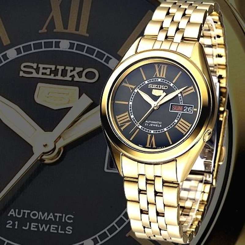 SEIKO 5 Automatic รุ่น SNKL40K1 นาฬิกาข้อมือผู้ชายสายแสตนเลส สีทอง หน้าปัดโรมันสีดำประกันศูนย์ Seiko 1 ปีเต็ม