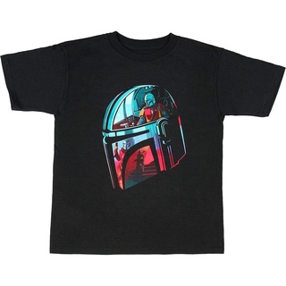 เสื้อยืดคอกลมเสื้อยืด พิมพ์ลายกราฟิก Star Wars The Mandalorian Helmet And Scene สําหรับเด็กผู้ชายS-4XL