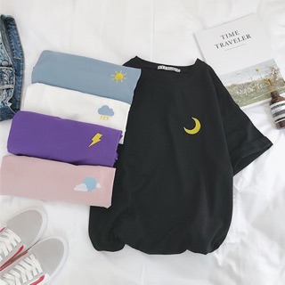 Family 🎶 🌞🌙เสื้อยืด ลายปัก Sun&amp;Moon☀️🌧⚡️M-2XL 5 สี เนื้อผ้า ใส่สบาย