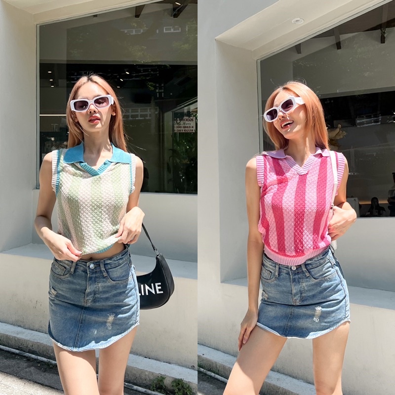 wynn เสื้อไหมพรมแขนกุด คอปกลายตรงเนื้อผ้าไหมพรมถัก ผ้านุ่ม ใส่สบายเวอร์ ส่วนสีก็น่ารักสดใสม้ากกก ฟิล