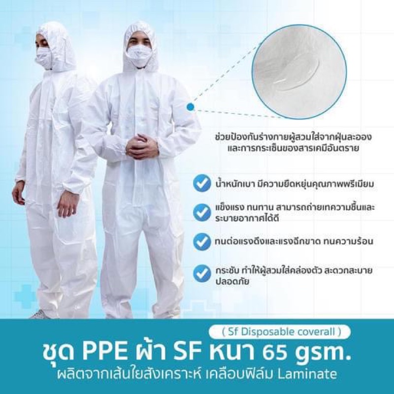 เก็บเลยโค้ดส่วนลด👇🏻👇🏻👇🏻🔥พร้อมส่ง🔥 ชุด Ppe ผ้า SF หนา65 gsm ชุดป้องกันเชื้อโรคและสารเคมี
