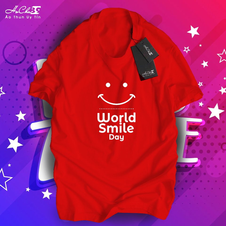เสื้อยืด World Smile Day - W2T829 - HoCha89 4C Cotton มีสายคล้องคอ สินค้าคุณภาพสูง (ภาพจริง)