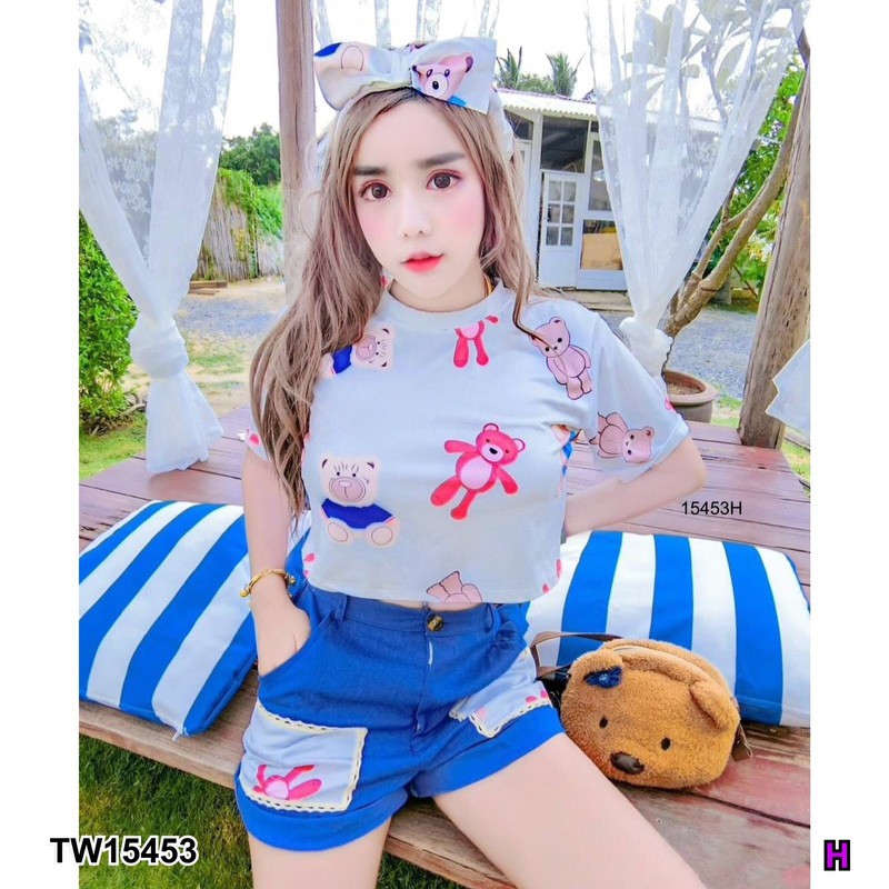 PP15453 Set 2 ชิ้น เสื้อครอปพิมพ์ลายหมี + กางเกงขาสั้น