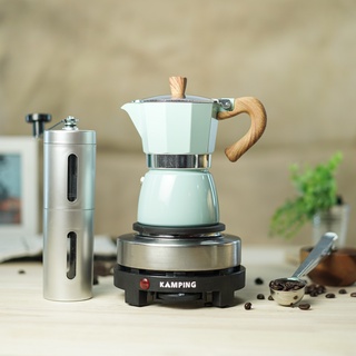 KAMPING (สีฟ้า)หม้อต้มกาแฟสด มอคค่าพอท 3cup/6cup + เตาไฟฟ้ามินิ 500W + เครื่องบดมือหมุน + ช้อนตัก