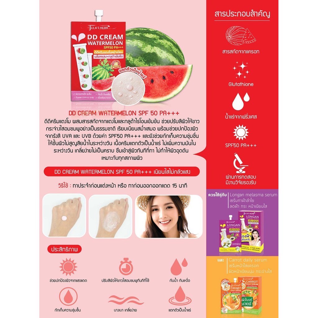 (กล่องX6ซอง) Jula's Herb จุฬาเฮิร์บ ดีดีครีมกันแดดแตงโม SPF50 PA+++ 8 ml. รูปที่ 3