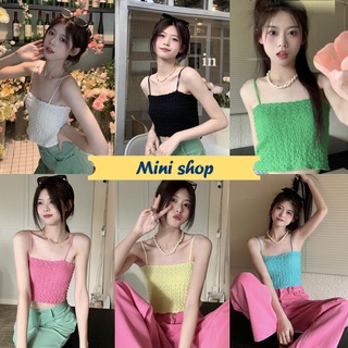 Mini shop🌸พร้อมส่ง🌸 (32081) เสื้อสายเดี่ยวไหมพรม ดีเทลสม๊อคทั้งตัวน่ารักสไตล์เกาหลี