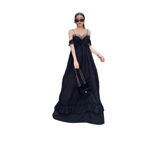 FLAT2112 FF0239 : MALEFICENT DRESS เดรสผ้าฝ้ายธรรมชาติ เดรสยาวหรูหรา สายเดี่ยว ระบาย สีดำ