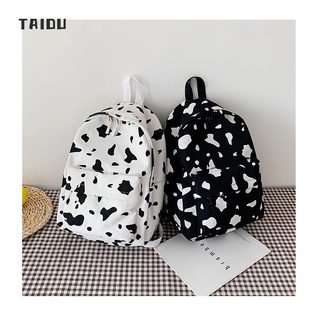 TAIDU ใหม่ กระเป๋าเป้ผ้าใบลายวัว กระเป๋านักเรียนน่ารัก กระเป๋านักเรียนสีดำ