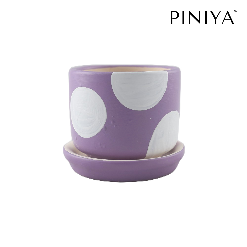 Piniya - กระถางต้นไม้ ดินเผา รุ่น น่ารักเล็ก, 9ซม., ลายจุดขาว, สี Violet (ม่วง), พร้อมจานรอง รหัส 6