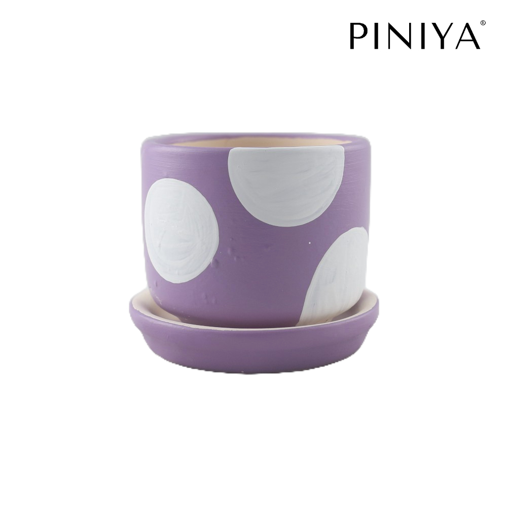 Piniya พินิยา - กระถางต้นไม้ ดินเผา รุ่น น่ารักเล็ก, 9ซม., ลายจุดขาว, สี Violet (ม่วง), พร้อมจานรอง