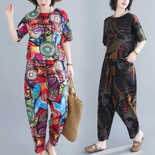 ชุดเซตผู้หญิง สองชิ้น เสื้อเเขนสั้น+างเกง9ส่วน พิมลาย ผ้านิ่มใส่สบาย128