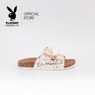 PLAYBOY รองเท้าแตะยาง ลิขสิทธิ์แท้ST-HS213C050-CR ดีไซน์คาดเข็มขัดคู่สกรีนลายดอกไม้โลโก้ข้าง สีครีม