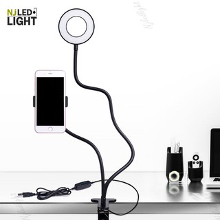 NJLED LIGHT LIV โคมไฟแต่งหน้า โคมไฟเซลฟี่  ไฟแต่งหน้า ไฟวงแหวนไลฟ์สด2in1มีที่หนีบมือถือ ขาตั้งโทรศัพท์ ปรับไฟได้3สี