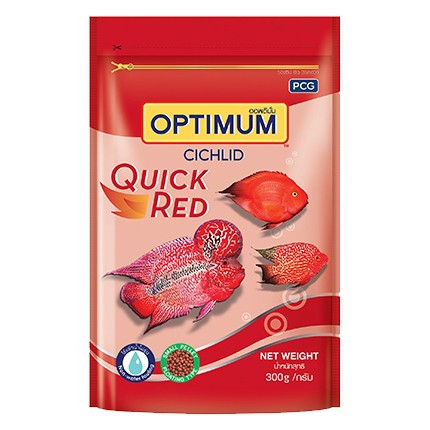 อาหารปลาหมอสีสูตรแดงไว ปลานกแก้ว ปลาหมอเท็คทัส Optimum cichlid quick red 300 g.