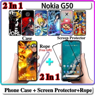 2 IN 1 เคส Nokia G50 พร้อมกระจกนิรภัยกันรอยหน้าจอโค้ง เซรามิค ลายนารูโตะ และวันพีช