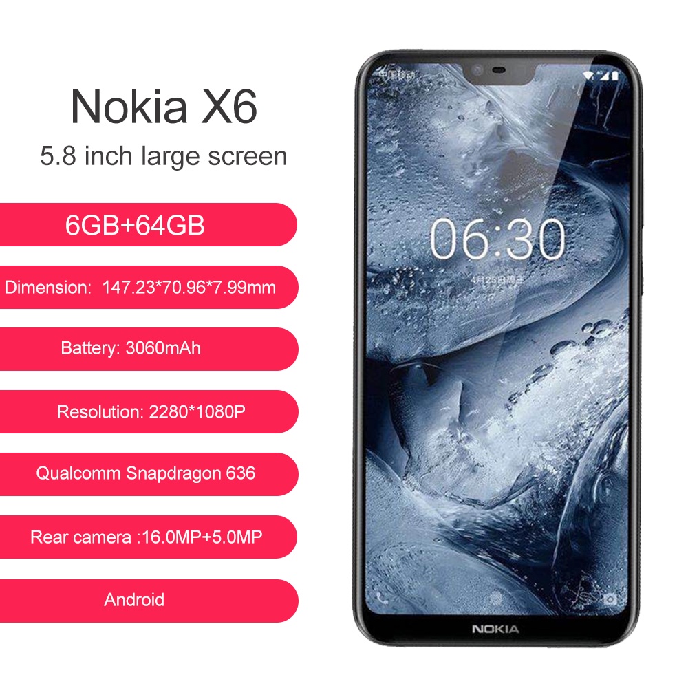 โทรศัพท์มือถือ ปลดล็อกแล้ว Nokia 6.1 Plus X6 Dual SIM 5.8" สมาร์ทโฟน Android แรม 4GB รอม 64GB Snapdragon 636 Octa Core