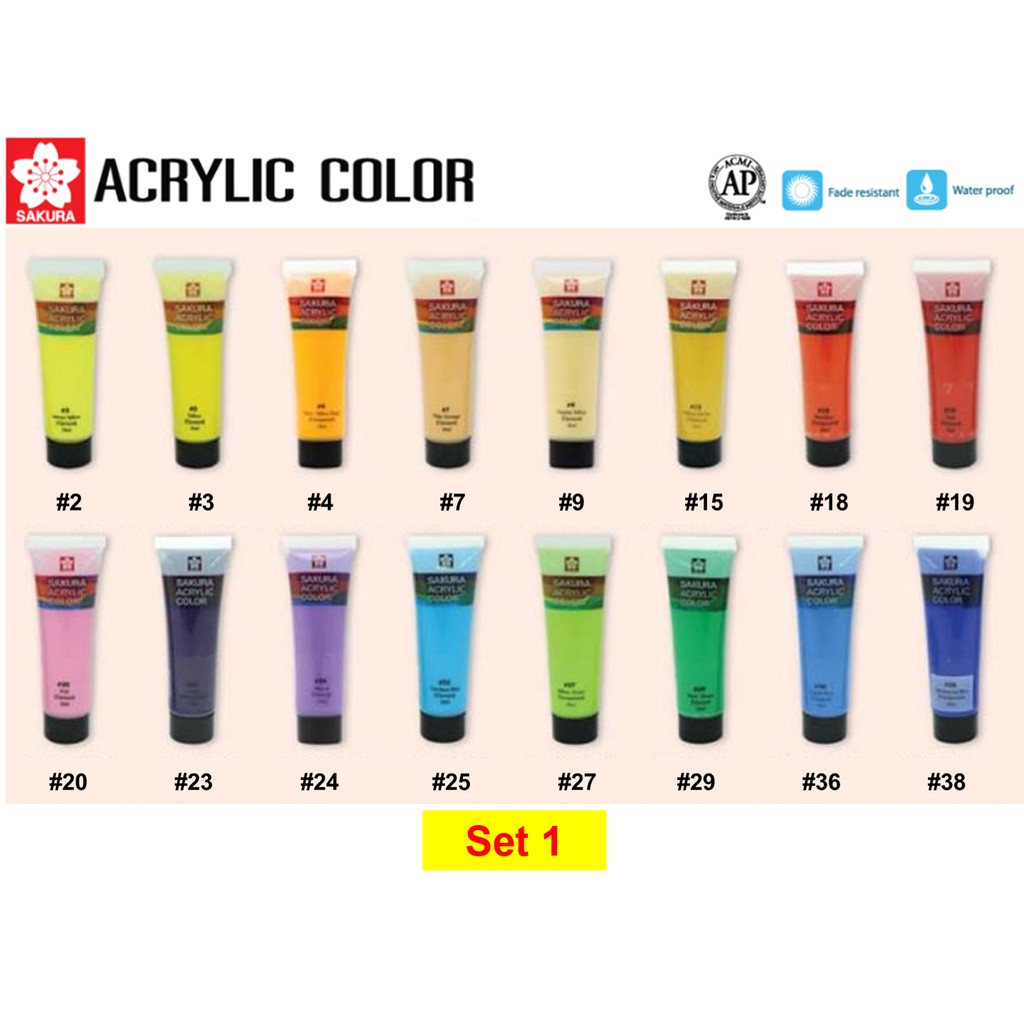 (ชุดที่ 1/2) สี อะคริลิค Acrylic color Sakura หลอด บีบ 20 และ 75 มล ( ml ) ซากุระ