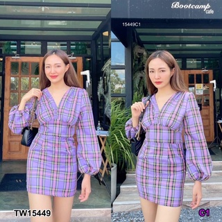 🎀💜เดรสเที่ยว เดรสสั้นคอวีแขนยาวลายสก็อต ผ้าคอตตอนทอ เนื้อดี มีซิปหลังด้วยค่ะ ใส่เที่ยว