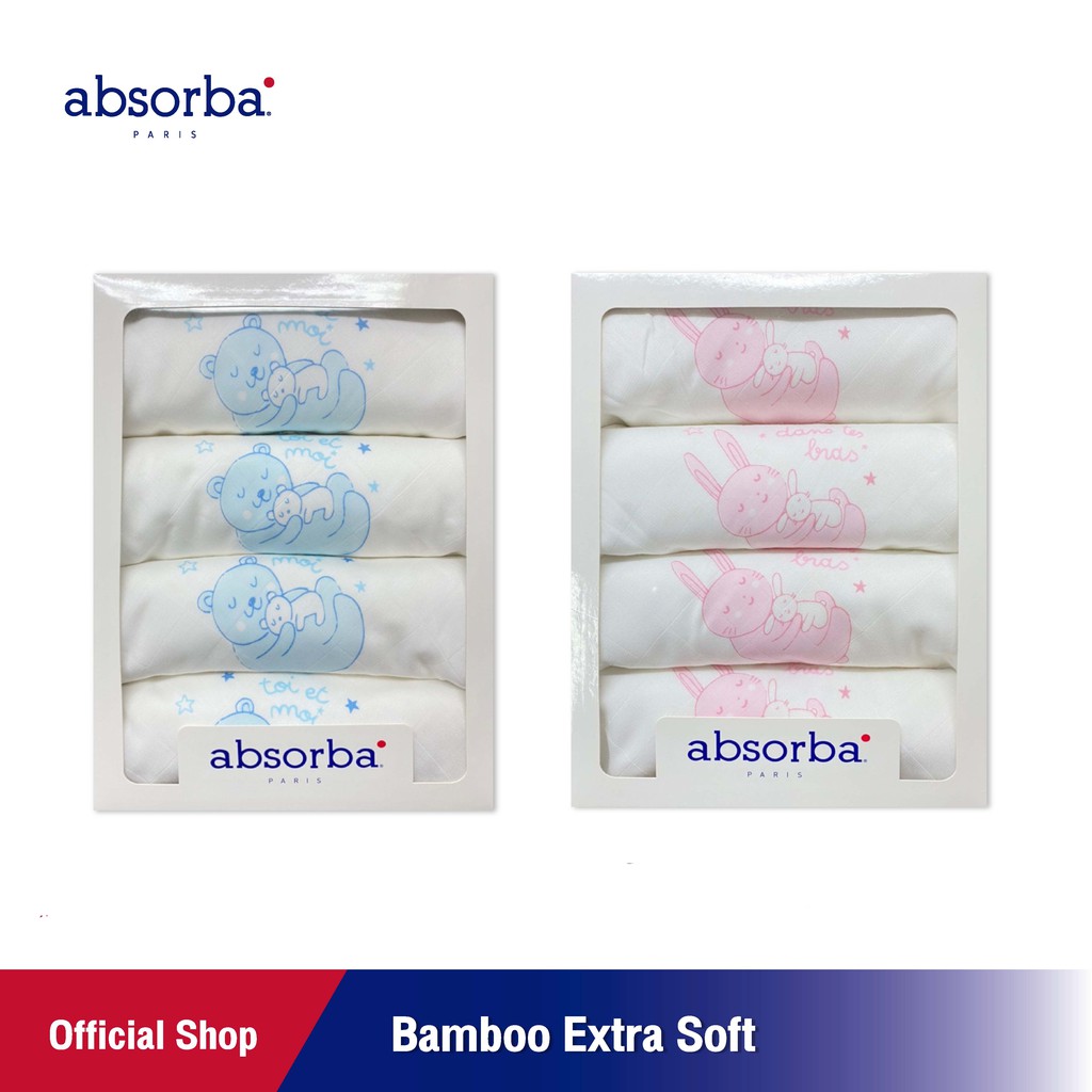 แอ็บซอร์บา (แพ็ค 4 ผืน) ผ้าอ้อมเด็กแรกเกิด Bamboo Extra Soft ทอ 2 ชั้น ขนาด 30x30 นิ้ว ลายพี่กระต่าย