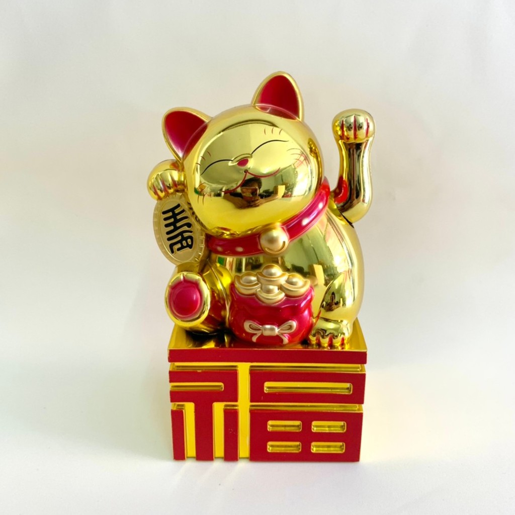 แมวนำโชค แมวกวัก Maneki Neko (ฐานตัวอักษรจีน ฮก ความสุข) สีทอง