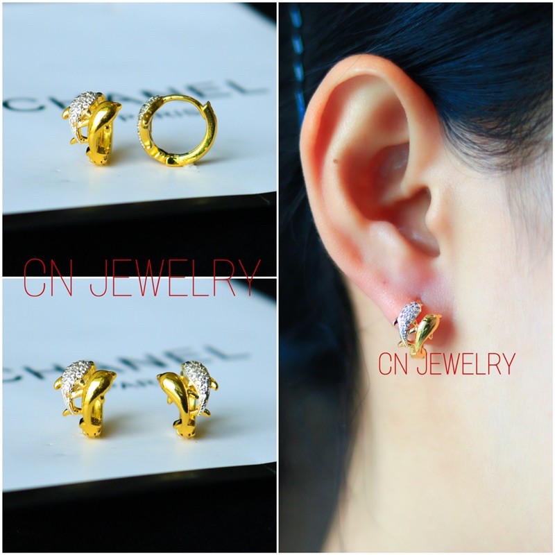 ต่างหูโลมา ห่วงหูโลมาเพชร 12mm รุ่นHH05 1คู่ CN Jewelry earings ตุ้มหู ต่างหูแฟชั่น ต่างหูเกาหลี
