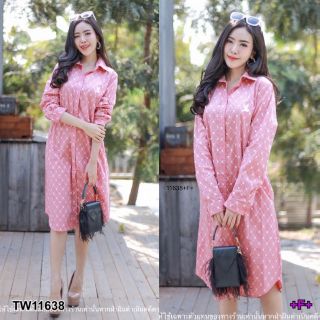 &lt;TW11638&gt;Dress เดรสเชิ้ตกระดุมหน้า ปัก cc- oo แขนยาว เนื้อผ้าคอตตอนพิมพ์ลายปักอกลายแบรนด์ มีกระเป๋าข้าง