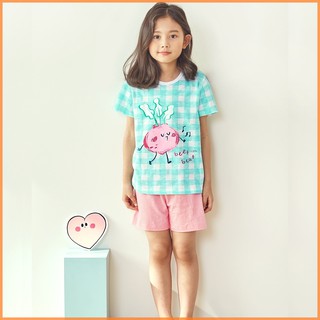 [UNIFRIEND] Kids Pajamas Girls Sleepwear Clothes Set Home Wear, Short Sleeve 100% Organic, Girls Pyjamas Nightwear (Mint Beet)