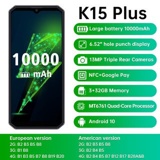 OUKITEL K15 Plus 6.52" Mobile Phone Android 10 Quad Core SmartPhone MT6761 3GB RAM 32GB ROM CellPhone 13MP Rear Camera