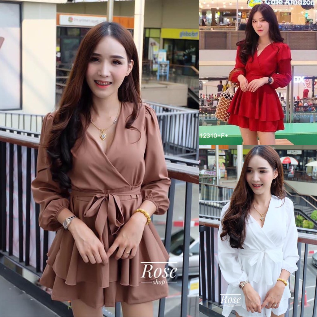 Sshop ส่งไว1-2วัน S12310 จั้มสูทคอวีแขนยาวผูกเอวแต่งคลุมกระโปรง