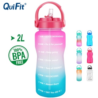 Quifit ขวดน้ํา Tritan ปากกว้าง 2 ลิตร พร้อมหลอดดูด ปลอด BPA สร้างแรงบันดาลใจเวลา สําหรับฟิตเนส กีฬา แก้วน้ําทุกวัน