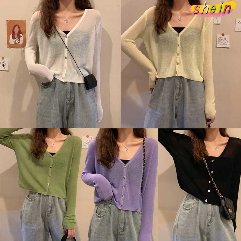 Cuties 8180 เสื้อคลุมไหมพรม แขนยาว เนื้อผ้าบาง แฟชั่นผู้หญิง สไตล์เกาหลี เสื้อคลุมกันแดด