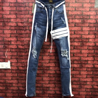 กางเกงยีนส์สไตล์  denim ฟอกขสด คาดแถบหนัง พร้อมซิปปลายขา
