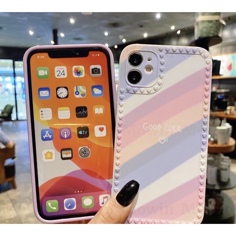 เคสไอโฟน caseiPhone สีหวานๆคัลเลอร์ฟูลมาก แต่งขอบรูปหัวใจสำหรับiPhone7 8 se2020 7Plus 8plus 11 12 12