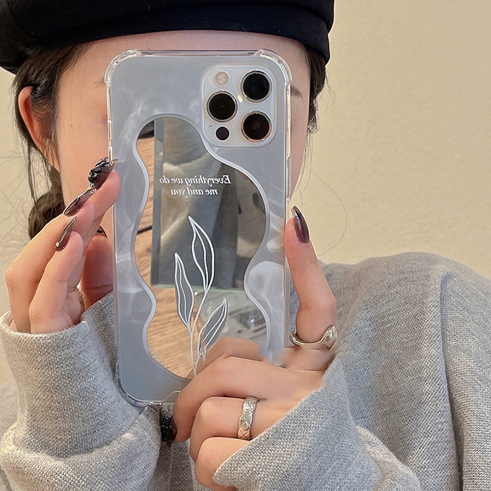 เคสโทรศัพท์มือถือ tpu กันกระแทกสี่มุม ลายใบไม้ พร้อมกระจก สําหรับ iPhone 13 12 11 Pro Max X XS Max XR 8 7 Plus