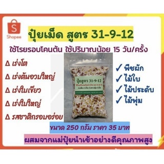 ปุ๋ยเม็ดสูตร 31-9-12 ไนโตรเจนสูง ขนาด 200กรัม เร่งต้น เร่งโต เร่งใบ /ทรงพุ่ม เร่งเขียว ในพืชผัก ไม้ใบ ไม้ประดับ ไม้พุ่ม