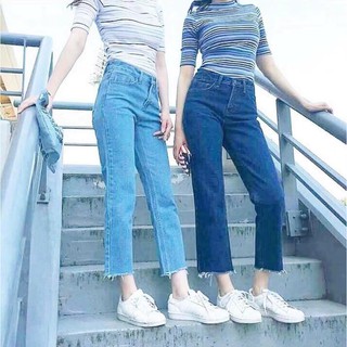 2NaraJeans กางเกงยีนส์ ผญ กางเกงยีนส์เอวสูง ทรงบอยเฟรน ผ้าไม่ยืด ปลายตัด สียีนส์เข้ม / สียีนส์อ่อน