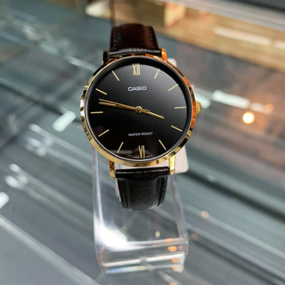 Win Watch shop นาฬิกา Casio รุ่น LTPVT01GL1B นาฬิกาผู้หญิง สายหนังสีดำ ขอบหน้าปัดทอง