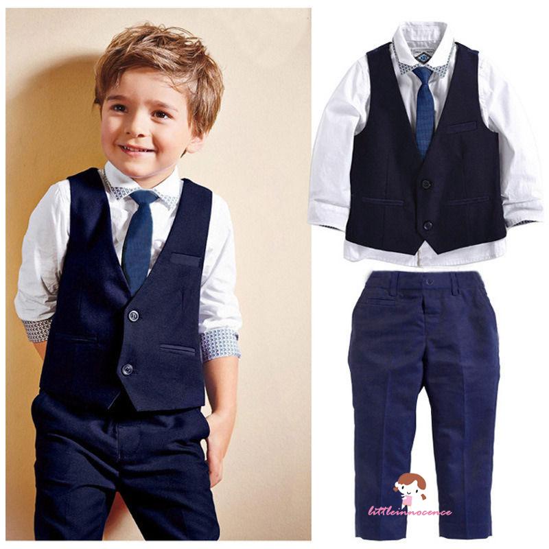Innocence-kid Boys Gentleman Suit, เสื้อกั๊กทักซิโด้ + เน็คไท + เสื้อแขนยาว + ชุดกางเกง
