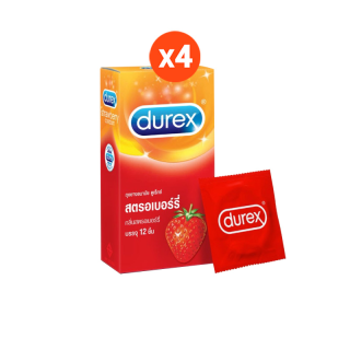 Durex ดูเร็กซ์ สตอเบอร์รี่ ถุงยางอนามัยแบบมีกลิ่น ถุงยางขนาด 52.5 มม. 12 ชิ้น x 4 กล่อง (48 ชิ้น ) Strawberry Condom